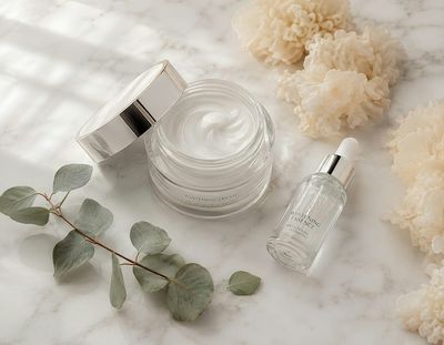 Potje huidcrème en een flesje serum met eucalyptus